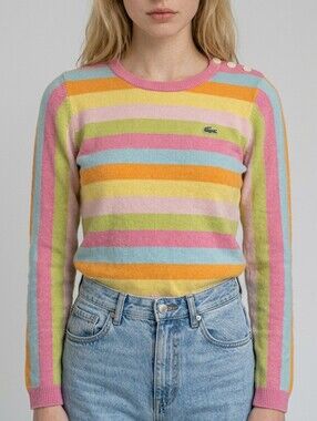 Lacoste 100% Cashmere Long Sleeve Sweater Rainbow Striped Crew Neck Size S